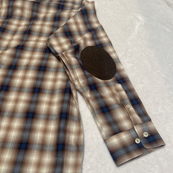 SINGER + SARGENT NWT Plaid Size XL Button Down Shirt Brown Suede Elbow Patches - Picture 8 of 11